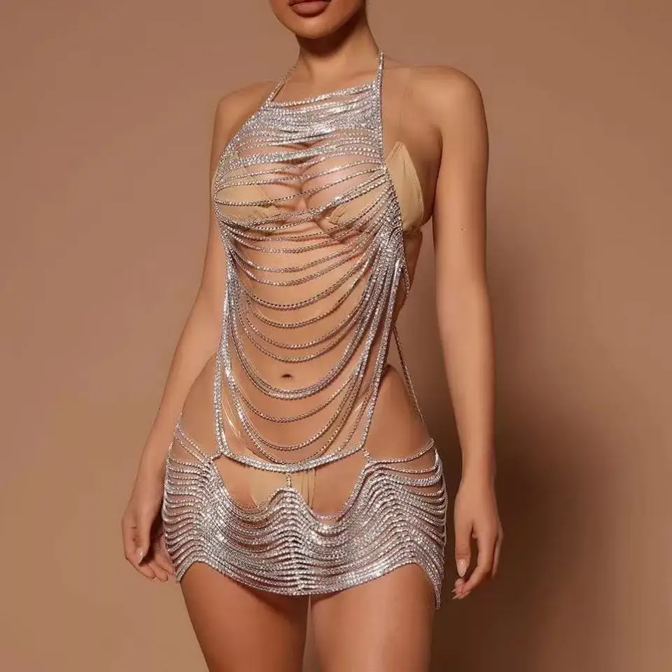 New Fashion Perspective Bikini, Shining Beach Swimsuit Diamond Body Chain Stage Party Sexy Dress Body Chain