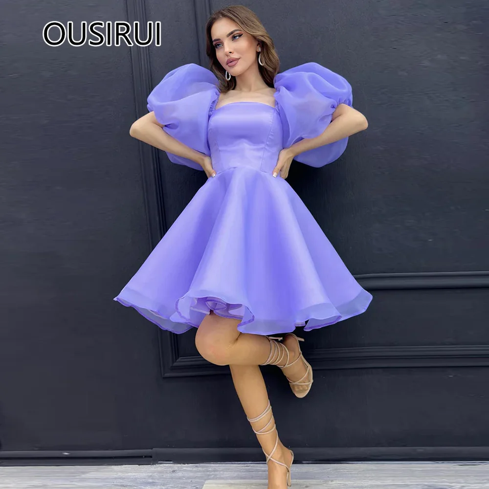 OUSIRUI Square Collar Organza Short Mini Holiday Graduation Dress A-line Short Puff Sleeve A-line Backless Prom Club Gown robe