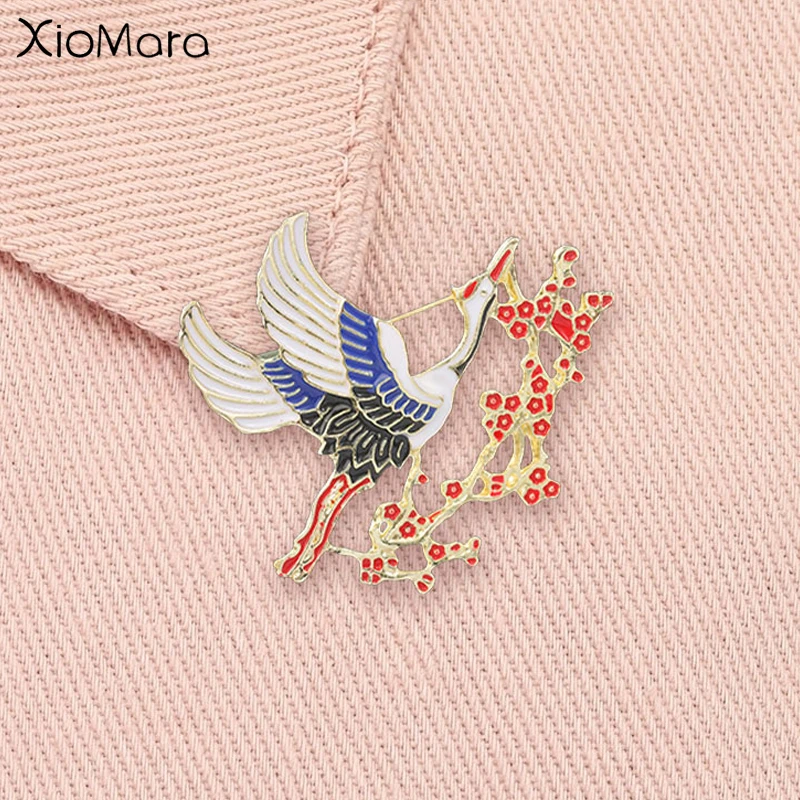 Vintage Chinese Crane Plum Blossom Enamel Pins Auspicious Red-crowned Crane Traditional Culture Brooch Lapel Badge Jewelry Gift