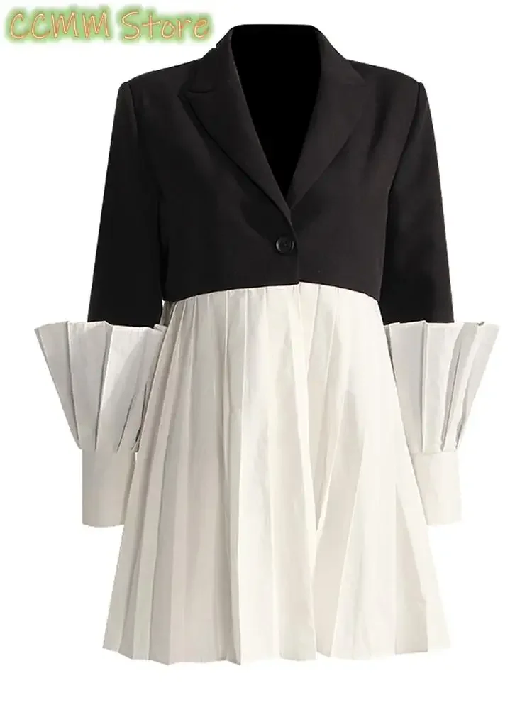 

Women Black White Pleated Color-block Blazer New Lapel Long Sleeve Loose Fit Jacket Fashion Tide Spring Autumn