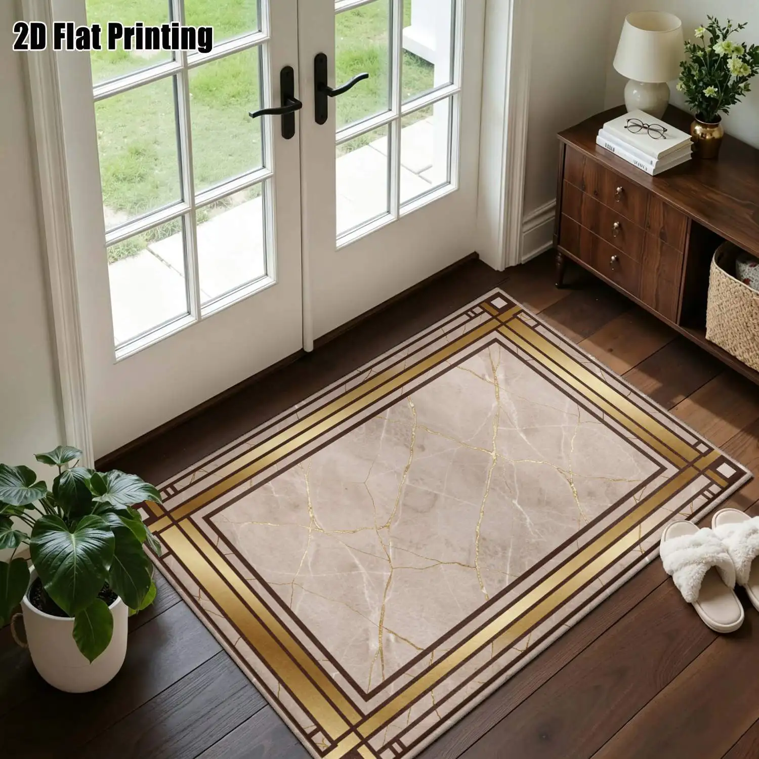 1Pc 2D Printed Beige Marble Pattern Carpet: European, Modern Minimalist, Instagram Style, Geometric Striped, Machine Washable, Multi-Size Home Decor Floor Mat for Entrance, Foyer, Living Room, Bedroom, Dining Room