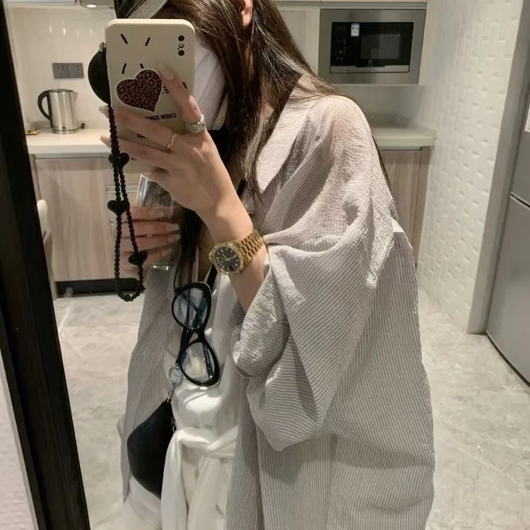 

Летняя женская повседневная рубашка свободного кроя с длинным рукавом, тонкая, дышащая, из полиэстера, в полоску, для офиса и на каждый день