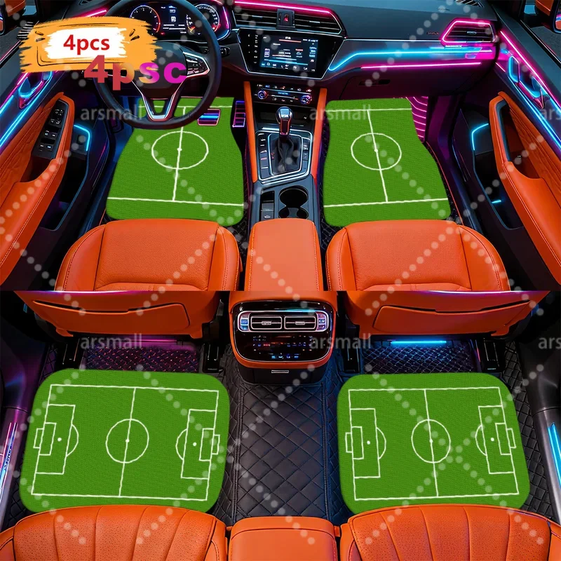 2D Flat, 4pcs Modern Minimalist Green Soccer Field Pattern Car Floor Mats - Fit, Easy To Clean, Durable Non-Slip Car Mats. Style