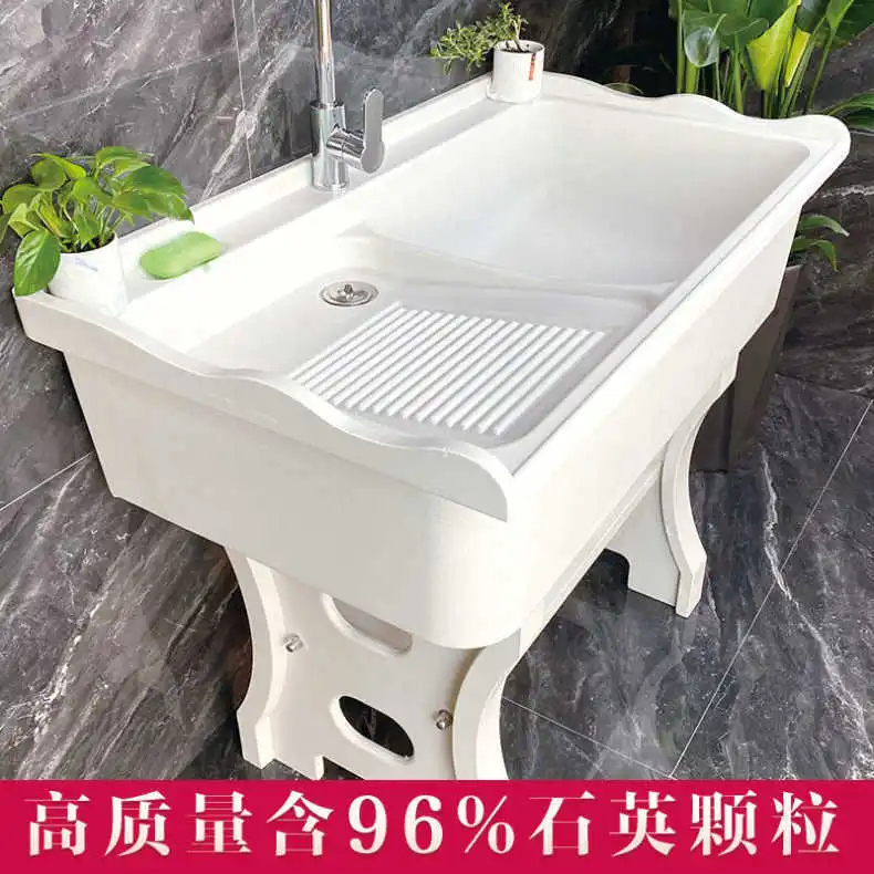 

Quartz Stone Laundry Pool Balcony Mop Pool Household Marble Laundry Sink with Rub Board Double Pool Sink Patio Outdoor