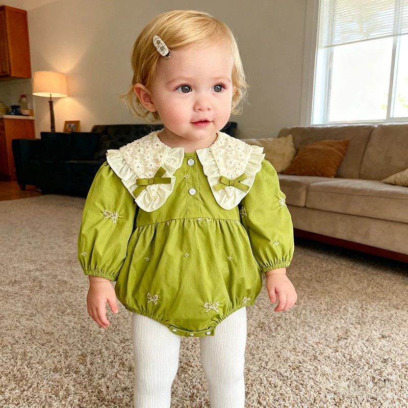2026 New Spring Infant 0-24M Baby Girl Green Bow Bodysuit Cotton Embroidery Clothing Long Sleeved Toddler Baby Girl Jumpsuit