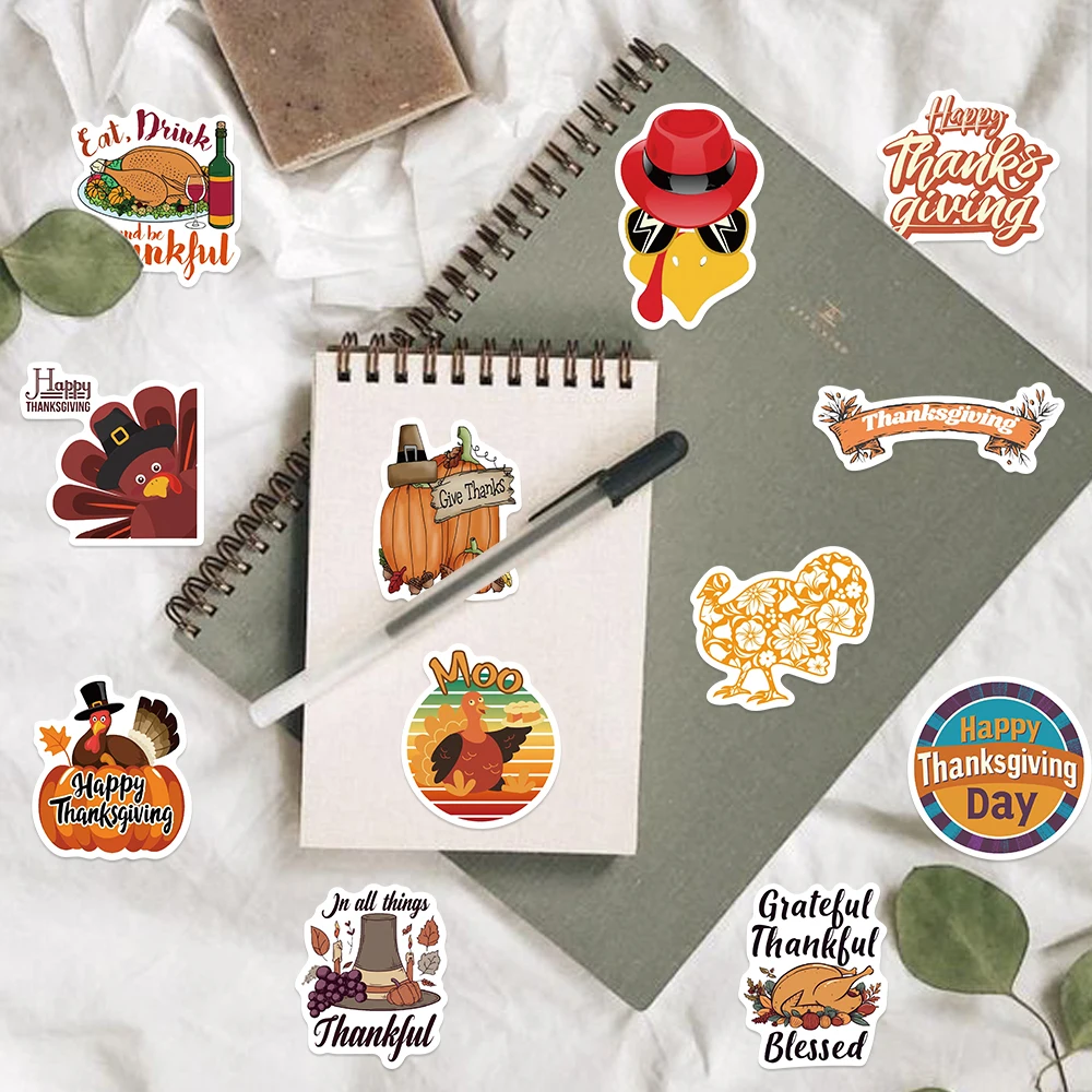 50PCS Thanksgiving Day Sticker Cartoon Cute Children DIY Scrapbooking Gift Decoration Stickers PVC Waterproof Funny Kawaii Decal