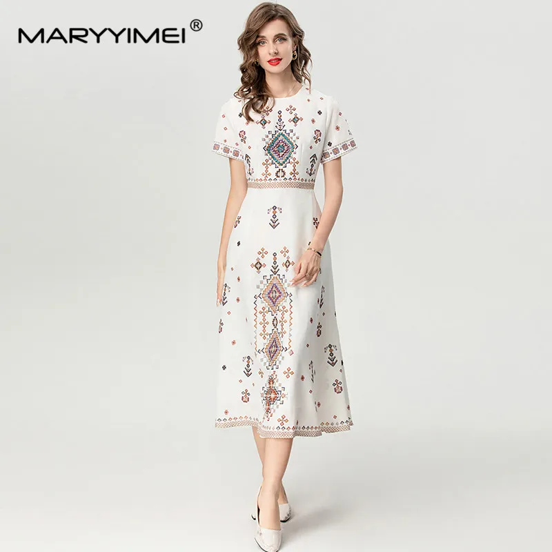 

MARYYIMEI Autumn Women's Commuter Dress Short Sleeved Crystal inlaid High waist Grid pattern White Office Work Dresses