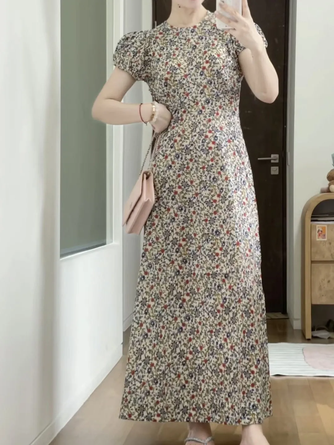 

Slimming High Waist Floral Print Bubble Sve round Ne Spring Summer New Sle Gown Women's Faion Cotton Casual Dr