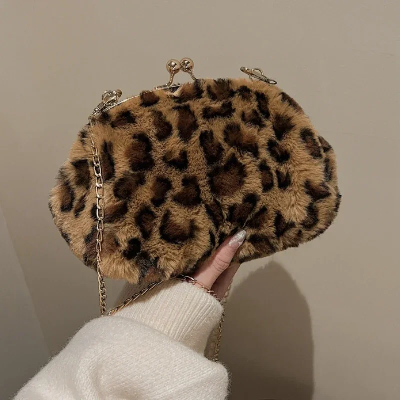 Leopard Print Fluffy Shoulder Crossbody Bags Woman Cow Pattern Handbags Female Winter Plush Bag Fashion Lady Bag Small Purses