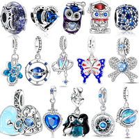Blue 925 Sterling Silver Galaxy Star & Moon Murano Charm Fit Original Bracelet Lucky Cyan Clover Charm DIY Necklace Jewelry
