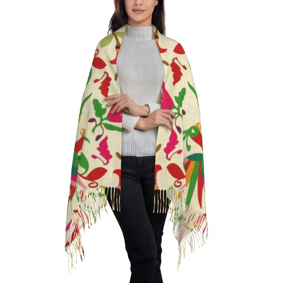 Bufanda con bordado de flores mexicanas y pájaros otomi con estampado personalizado para hombre y mujer, bufandas de invierno y otoño, chales con textura Floral popular