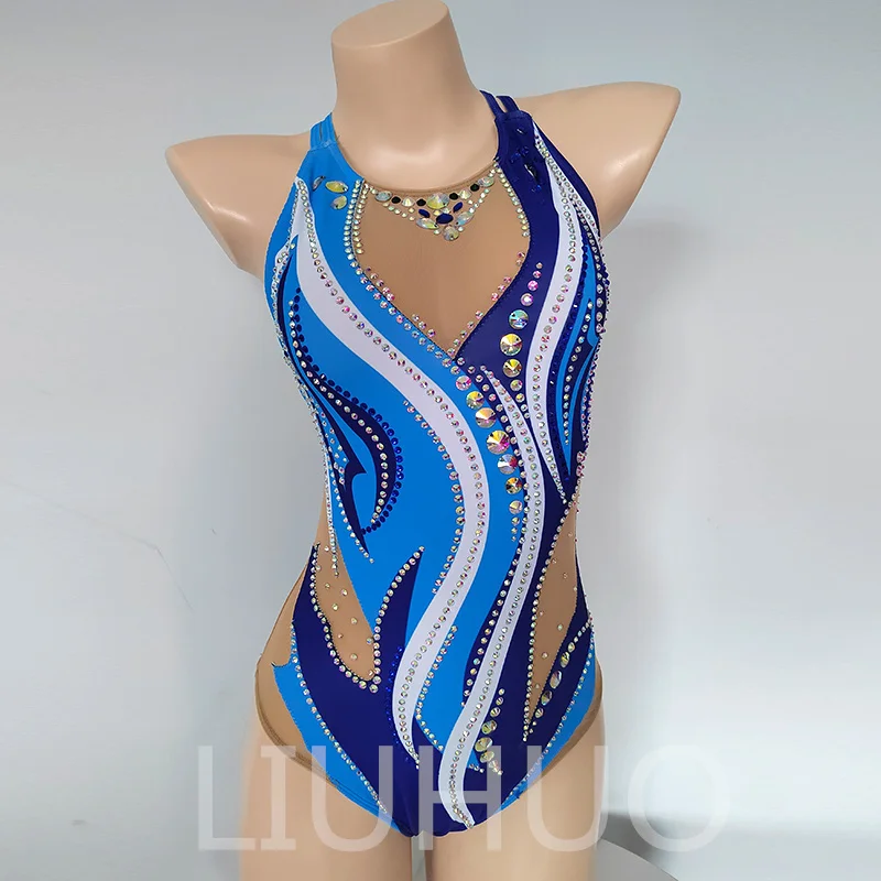 LIUHUO Rhythmic Gymnastics Leotards Girls Synchronized Swimming Suits Team Sports Competition Teamwear Blue