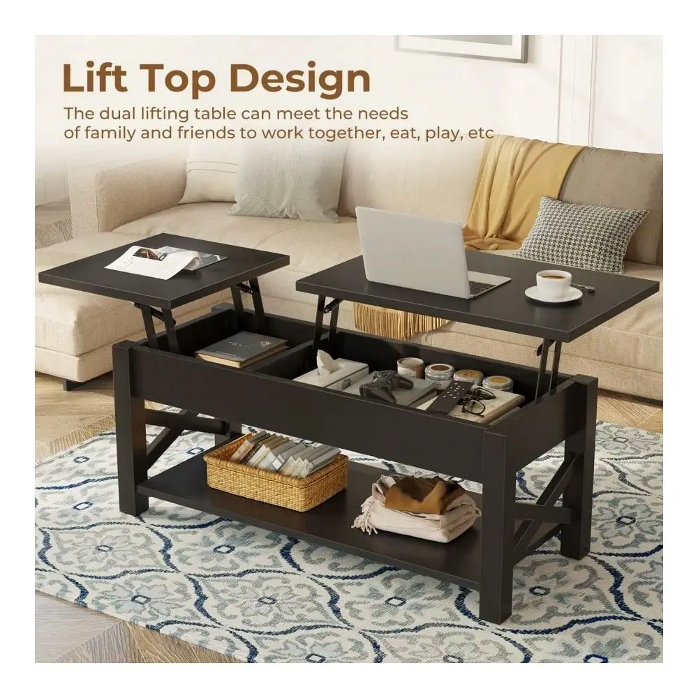 

Coffee Table 47.2 , 2 Way Lift Top Farmhouse Center Table With Hidden Compartment, Open Shelf X Wooden Support, Lift Tabletop D
