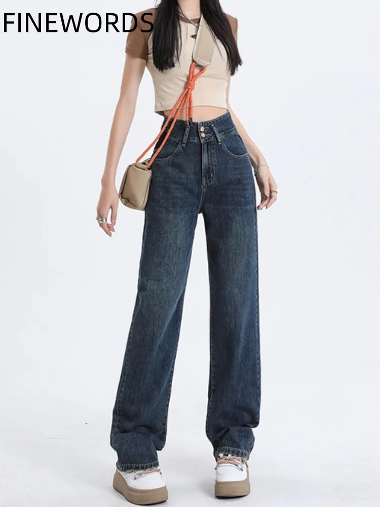 

FINEWORDS Causal Vintage High Waist Baggy Jeans Women Streetwear Wide Leg Denim Pants Loose Blue Full Length Pants