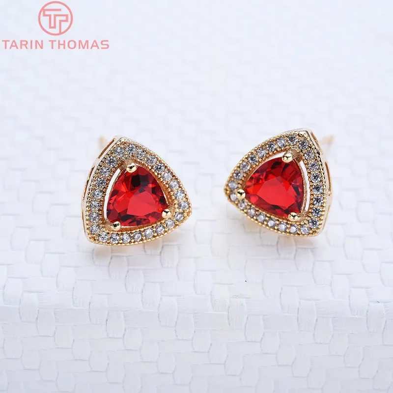 (1962)2PCS 11MM 24K Gold Color Brass with Red Zircon Triangle Stud Earrings High Quality Diy Jewelry Findings Accessories