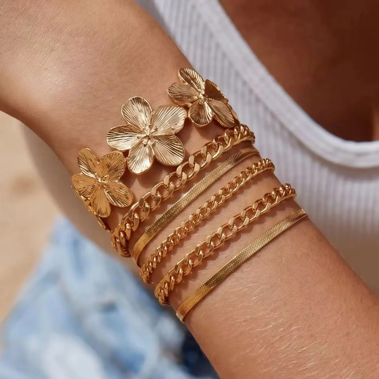 Ins‑style Flower Geometric Mixed Stackable Bracelet Set for Women Vintage Floral Twist Chain Summer Party Jewelry Gift