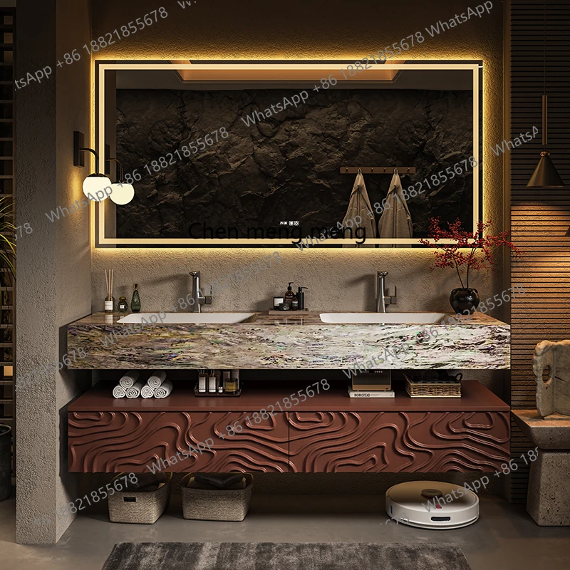 

High-end carved bathroom cabinet combination natural marble ceramic integrated basin bathroom washbasin