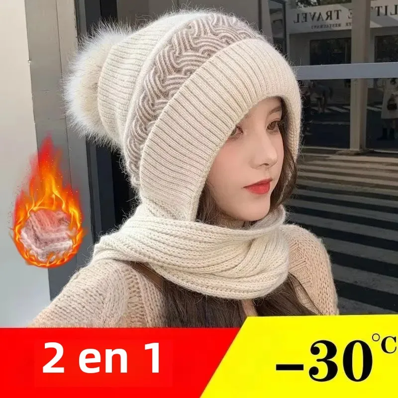 Gorro bufanda todo en uno para mujer, gorro tejido con pelo de conejo cálido para invierno, protección para los oídos para ciclismo, gorro acolchado bonito a prueba de frío para el cuello