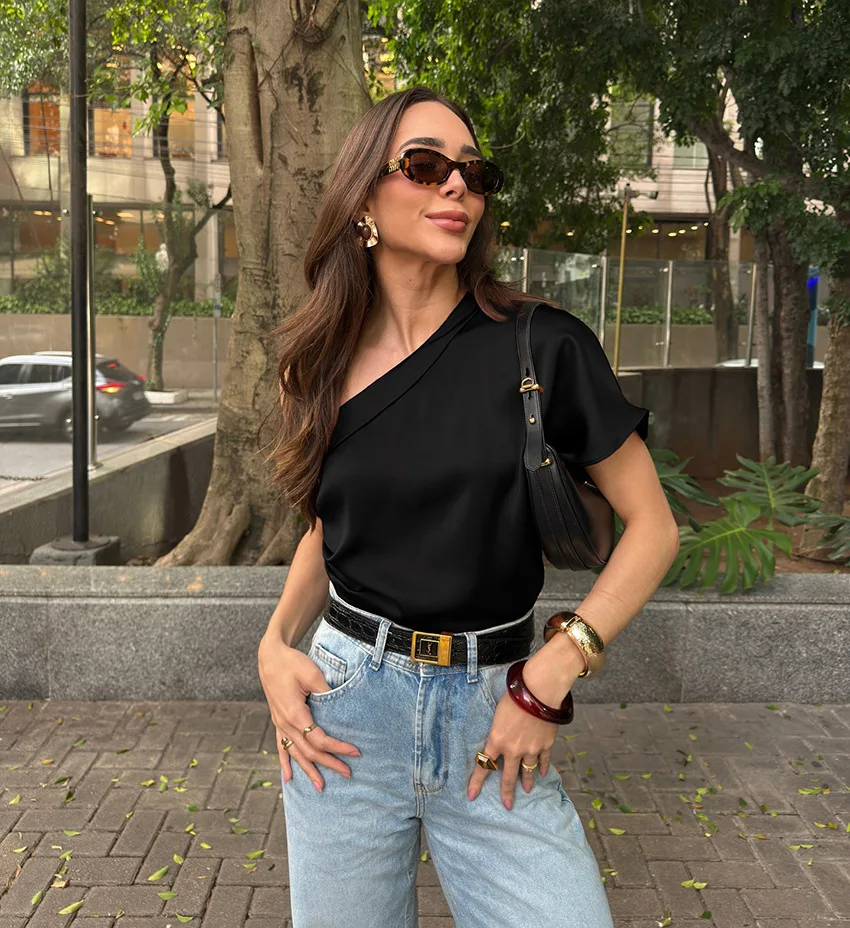 

2026 Summer Women Vintage Asymmetric Neck Short Sleeve T-shirt Fashion Satin Tops Casual Tee