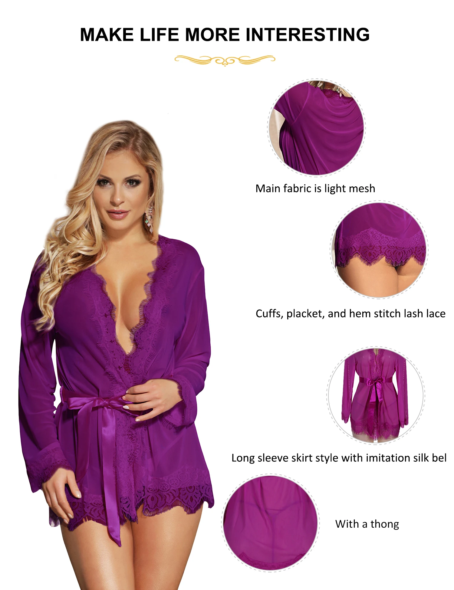 Comeondear sexy robe feminino casual conforto lingerie roxo cardigan babydoll camisola pura renda guarnição roxo pijama com tanga