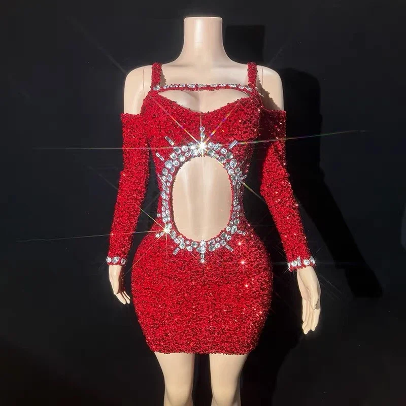 فستان نسائي أحمر بالترتر للحفلات ، أزياء احتفالية ، فستان سهرة ، بار ، دي جي ، دي جي ، مسرح ، جاز ، ملابس رقص ، XS8159 ، 4 ألوان