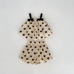 Miniainis Sommer neue Baby Sling Bow Tops Kleid Shorts 2 Stück Anzug Mädchen voller Liebe Kleidung Set Mädchen Baumwolle Kleidung