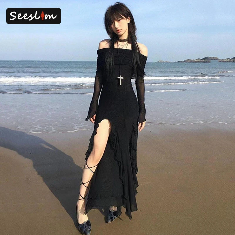 Seeslim صيف 2025 قبالة الكتف فساتين طويلة النساء الأسود شاطئ حفلة سهرة فستان سليم شبكة رداء Sideslit فساتين أنيقة Y2k
