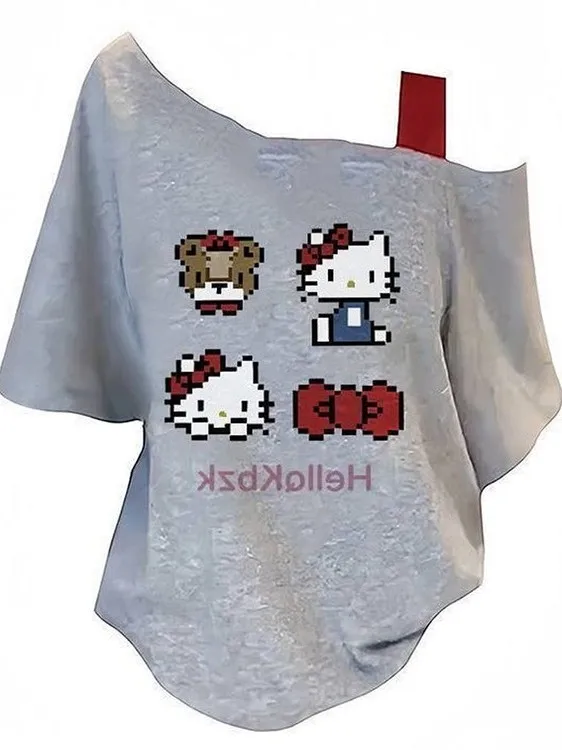 تي شيرت نسائي أمريكي بتصميم عتيق مكشوف الكتفين مع رسومات كرتونية لطيفة وأكمام قصيرة وتصميم فضفاض، موديل صيفي جديد مريح وقابل ...