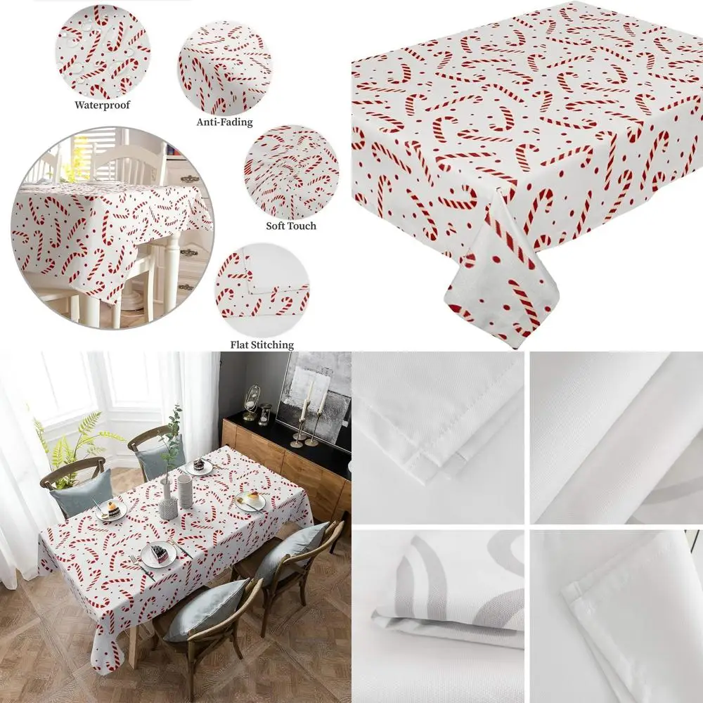 

60x120 Inch Red & White Candy Cane Christmas Tablecloth - Water-Resistant Polyester for Indoor & Outdoor Events
