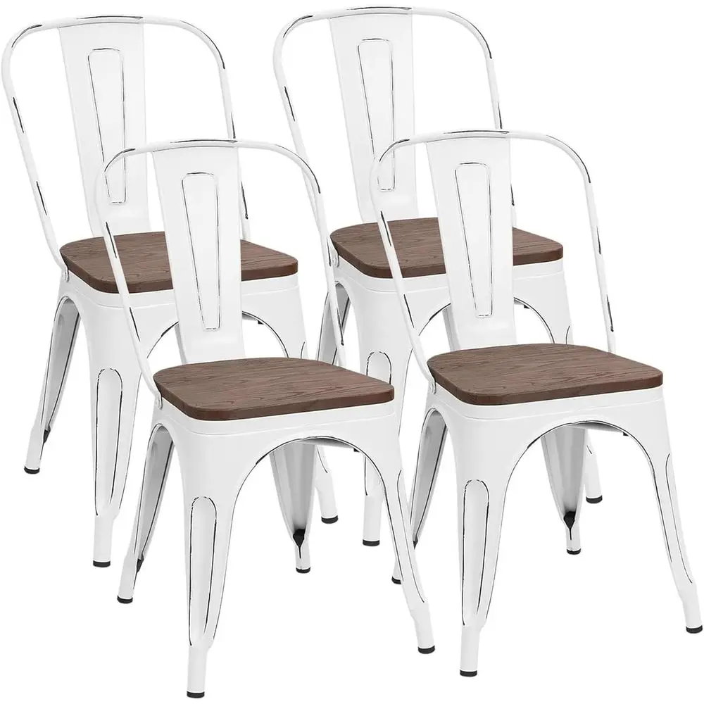 

White Stackable Metal Indoor-Outdoor Bistro Chairs with Wood Seats (Set of 4)