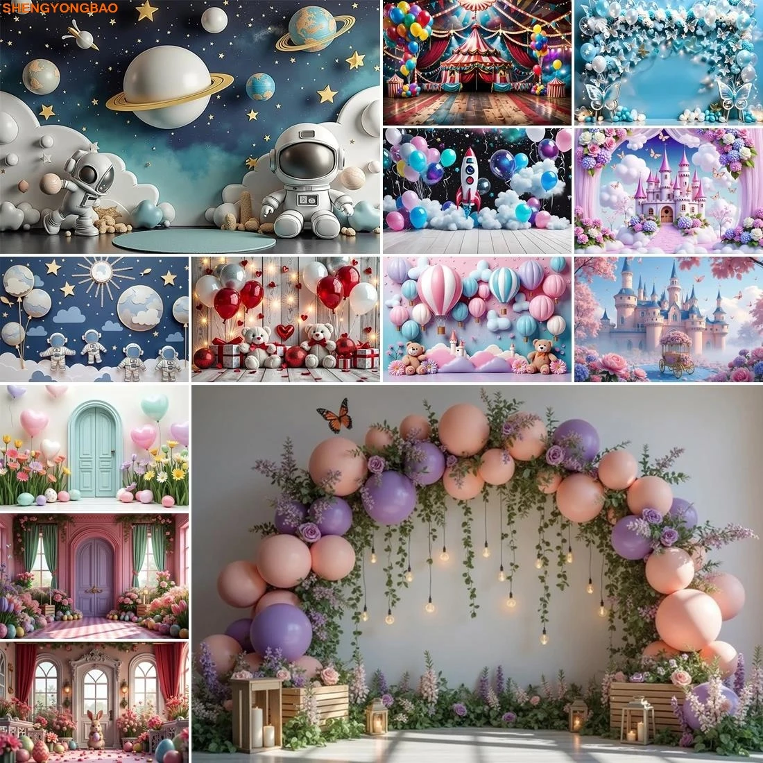 

Balloon Teddy Bear Birthday Backdrops Boy Rocket Castle Children Baby Shower Photography Background Sign Party Supplies