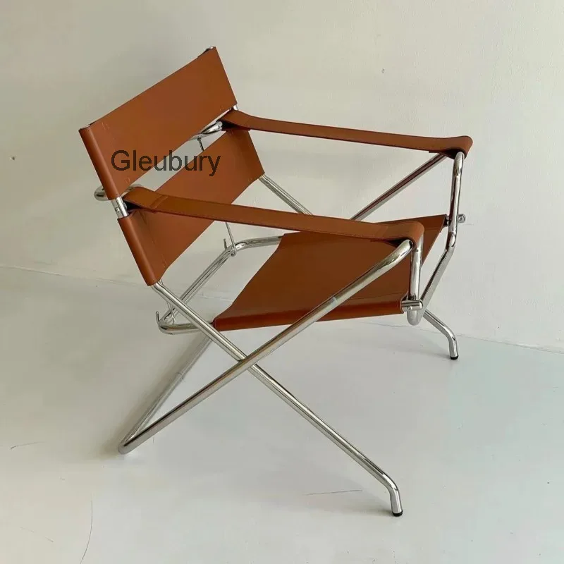 Folding Director Chair Leather Sling Seat Armrests Metal X Frame Portable Accent Lounge Chair Living Room Home Furniture