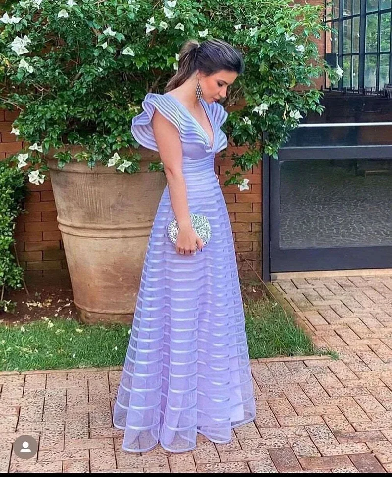 Prom Dresses Women V Neck Cap Sleeves  A-Line Pleat Ruched Saudi Arabic Evening Gown Formal Party Dress Special Occasion Dress