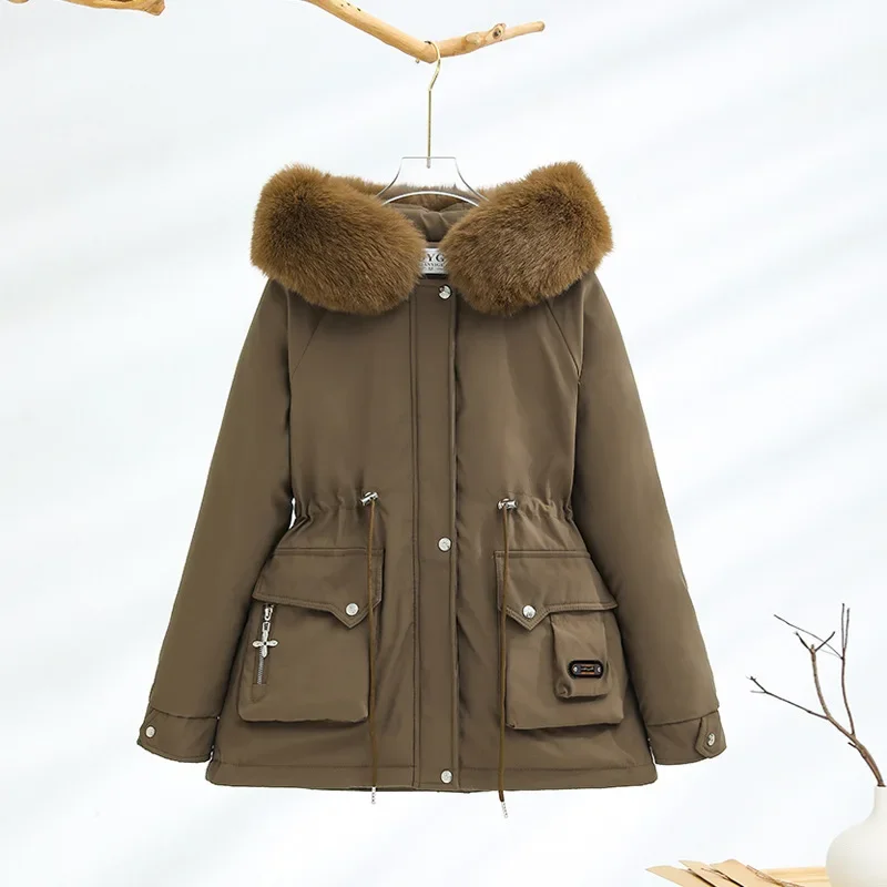 2024 Big Fur Collar Big Pocket Waist Thickened Drawstring Slim Hooded Pie To Overcome Temperament Fashionable Warm Model