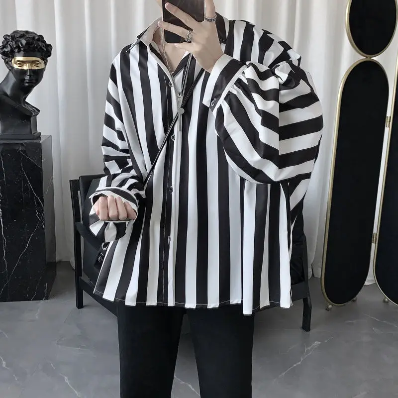 Fashion Lapel Spliced Button Korean Striped Shirt Men\'s Clothing 2022 Autumn New Loose Casual Tops Long Sleeve All-match Shirt