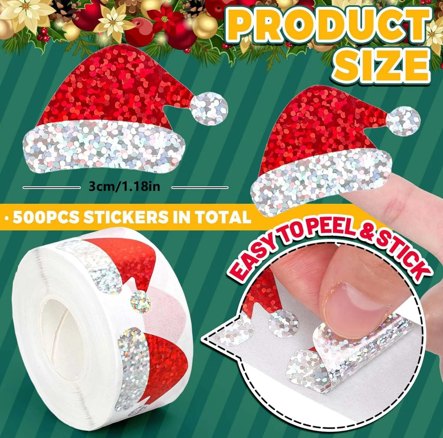 500pcs Christmas Hat Stickers Cartoon Laser Gift Packaging Box Decoration Stickers Labels Envelope Gift Bag Sealing Sticker