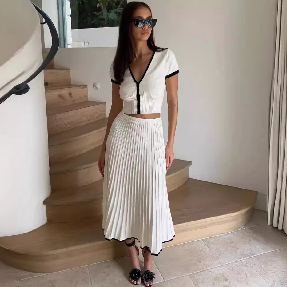 

Skirt Sets Women Solid Folds A Line Skirts Two Pieces Sets V Neck Short Sleeve Tops Summer Elegant Casual Office Lady 2025
