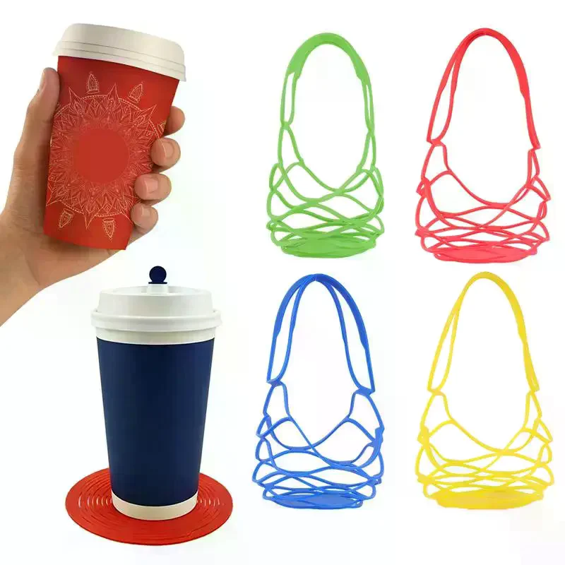 Washable Silicone Wine Tote Bag Reusable Water Bottle Bags Cup Mat Beverage Coffee Milk Tea Packaging Pouch Mesh Basket No Leak