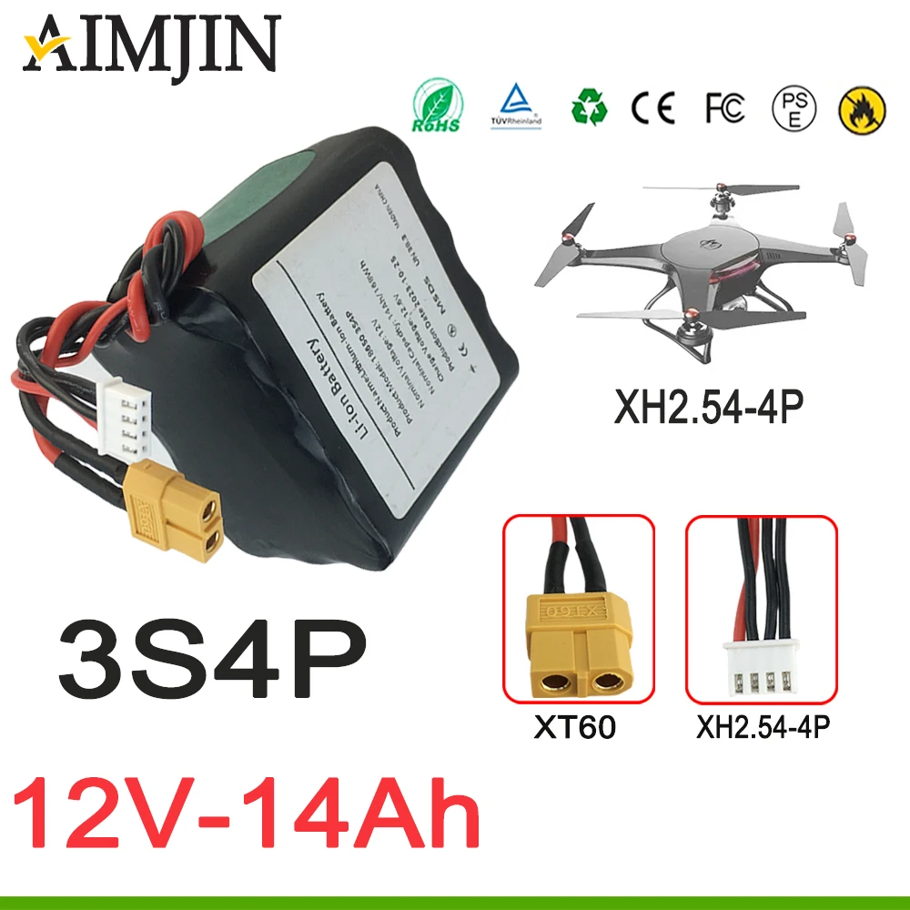 

Аккумулятор литий-ионный 3S4P 12.6В 14Ач высокой емкости для БПЛА, радиоуправляемых самолетов, дронов, квадрокоптеров, с разъемами XH2.54-4P XT60