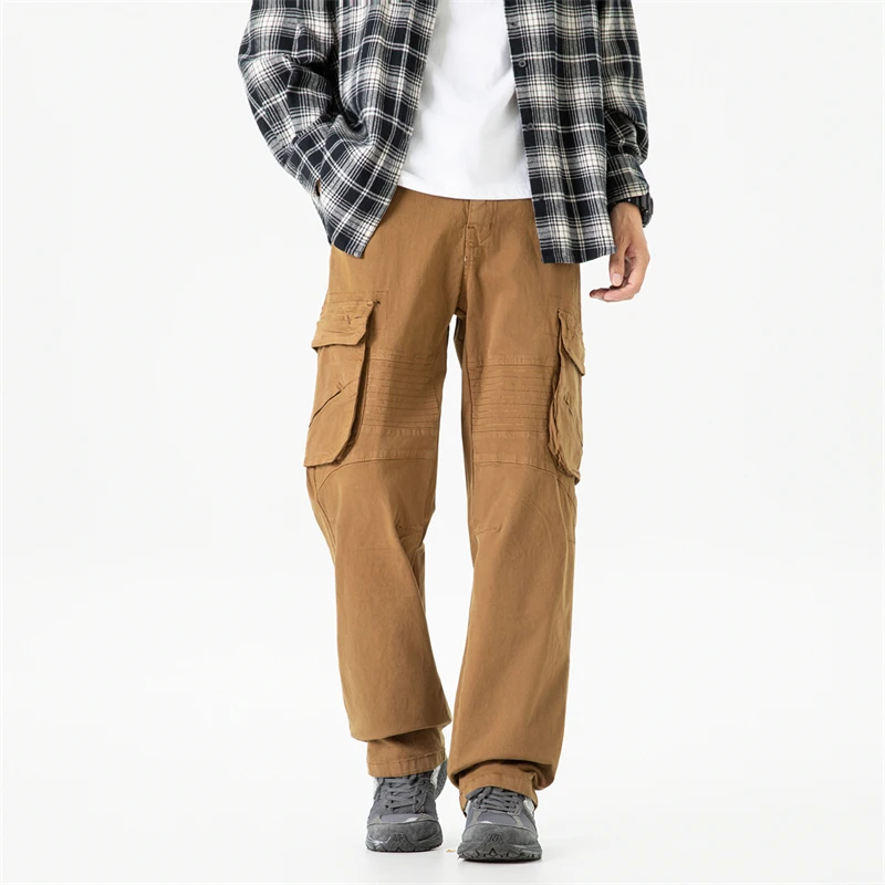 

Мужская хлопковая рабочая одежда, повседневные брюки, свободные прямые брюки с несколькими карманами, свободные широкие длинные брюки, японские молодежные брюки большого размера