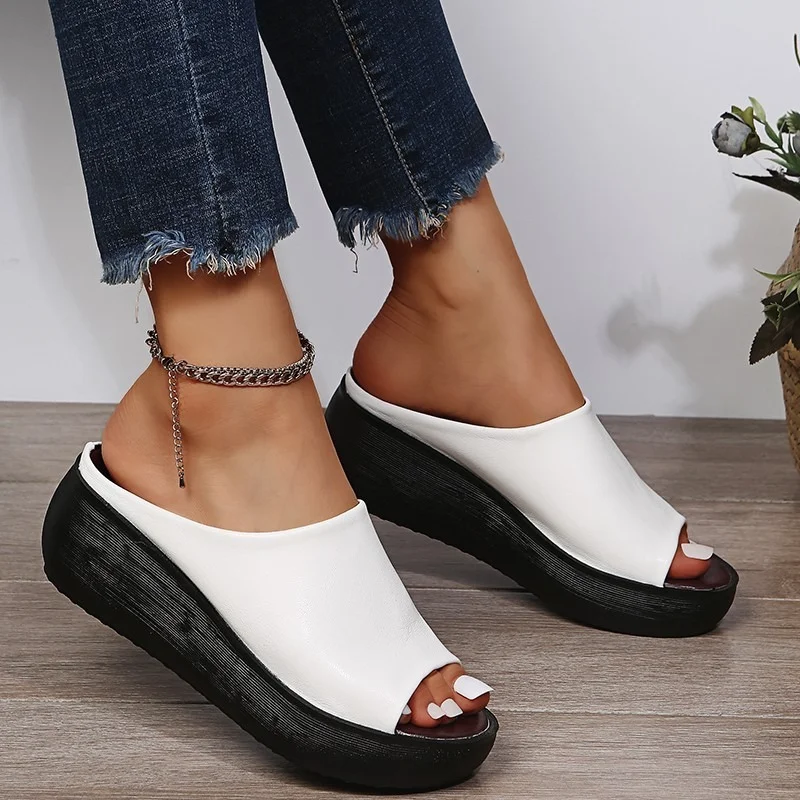 Ladies Leather Sole Slippers Women Sexy High Heel Mules Clogs Black Peep Toe Platform Mules Emal Slip on Sandals Shoes