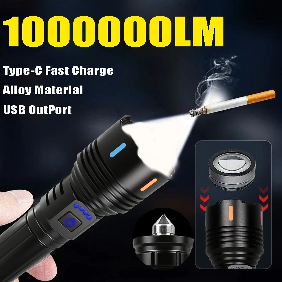 

100000LM Ultra Bright LED Flashlight Rechargeable with Flame Ignition&Window Breaker Tactic Torch for Outdoor Camping Adventure