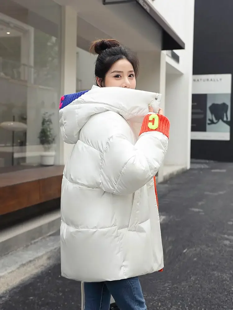 

2024 New Winter Women Parkas Jackets Loose Hooded Thicken Warm Padded Coat Knit Spliced Female Outwear Jacket X140