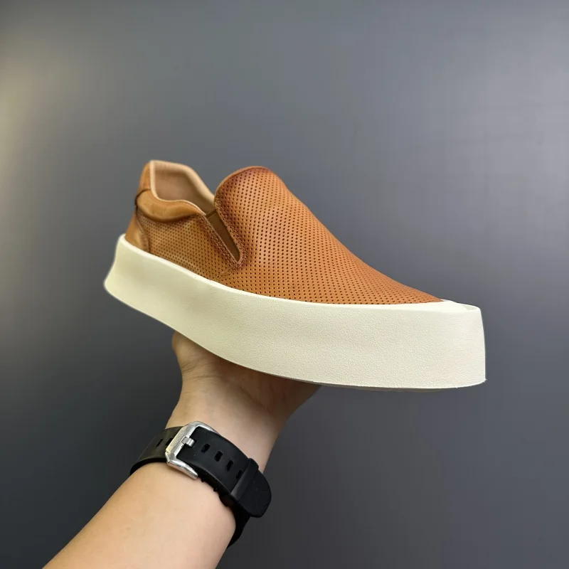 

Summer Breathable Men Loafers Slip on Men Genuine Leather Casual Shoes Fashion Thick Soled Male Flat Board Shoes