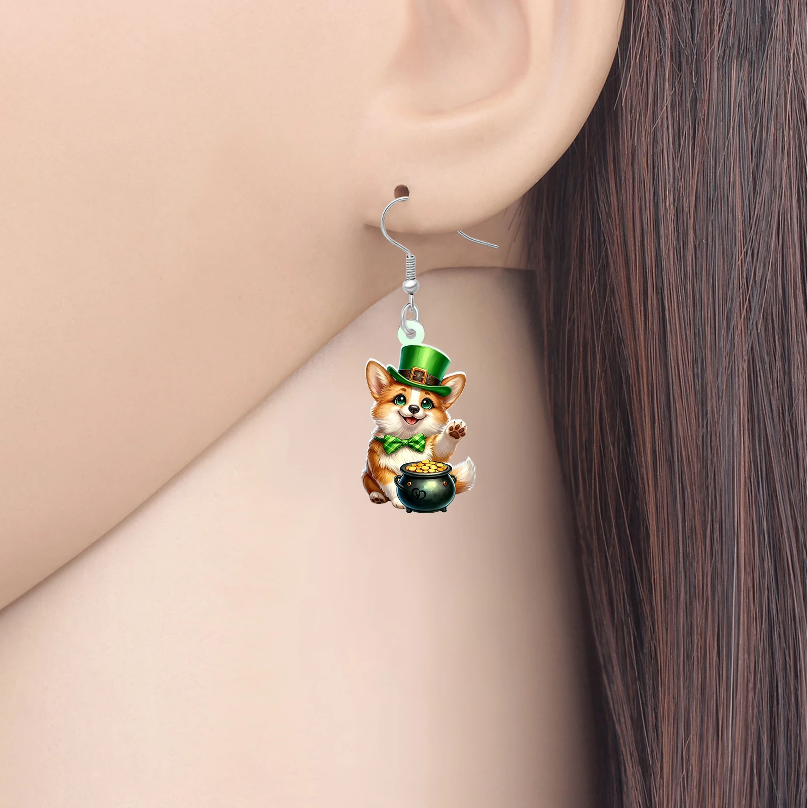 BONSNY Acrylic St Patricks Day Corgi Earrings Gold Coin Cartoon Puppy Animals Jewelry Irish Holiday Gifts For Women Dog Lovers