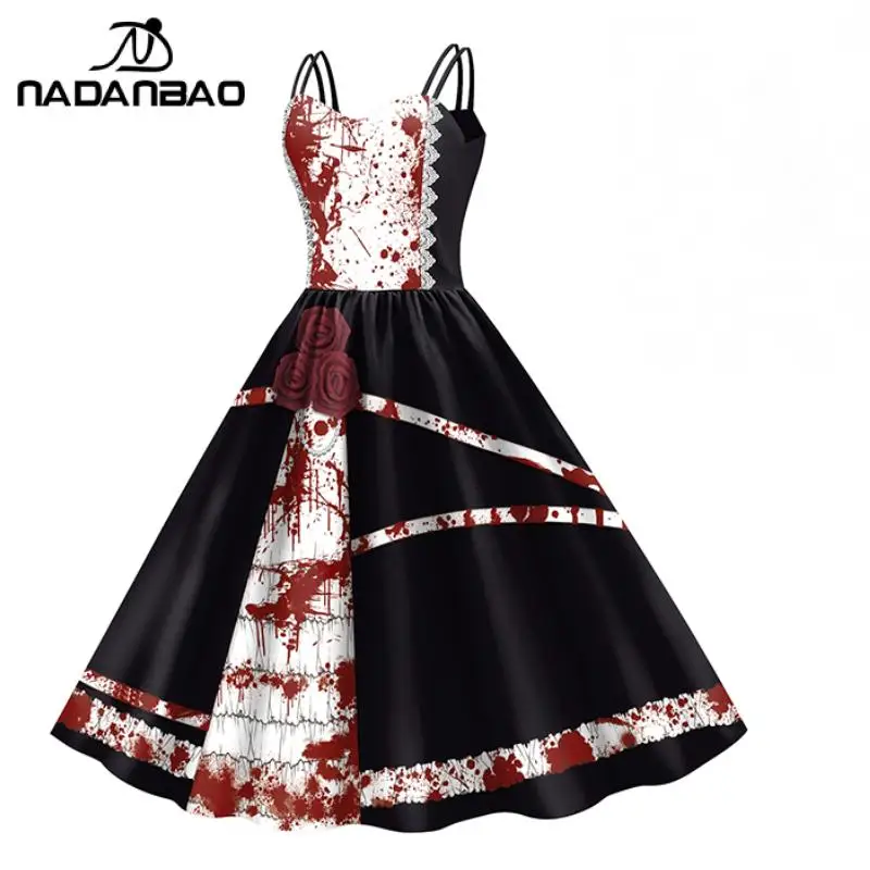 NADANBAO Halloween Dresses for Women Skull Cosplay Costume Girls Sleeveless Sexy Party Dress Scary Blood Print Outfit Clothes