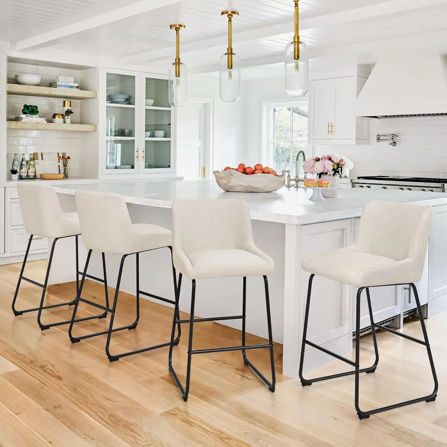 

26 Inch Counter Height Bar Stools Set of 3, Linen Upholstered Barstools, Barstool with Back, Comfortable Bar Chairs, Modern C