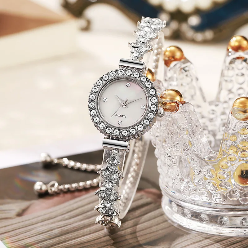 CILOA-Round Full Crystal Women Quartz Watch Silver Bracelet Bling Rhinestone Elegant Dress Wristwatch-7119