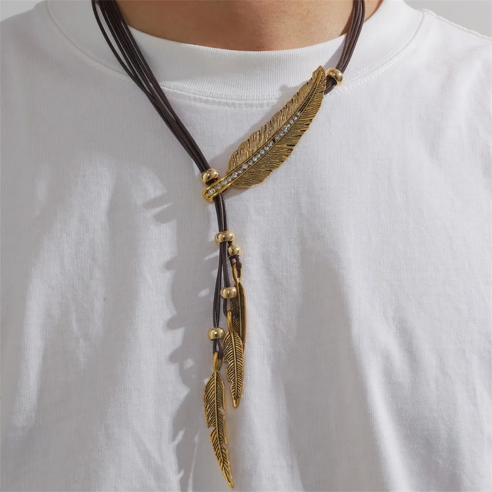Alloy Golden Feather Necklace Silver Decorations Leather Rope Tassel Necklace Collar Chain Versatile Leaves Neck Pendant Holiday