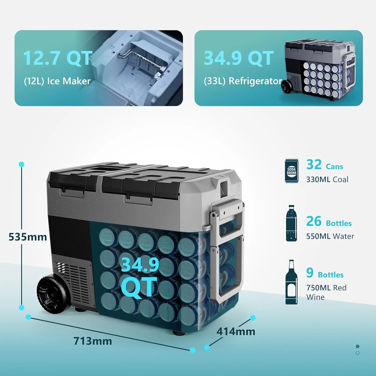 

12-вольтовый холодильник с льдогенератором, электрический охладитель 48QT (45L), двухзонный аккумулятор, управление через приложение для автомобильного холодильника